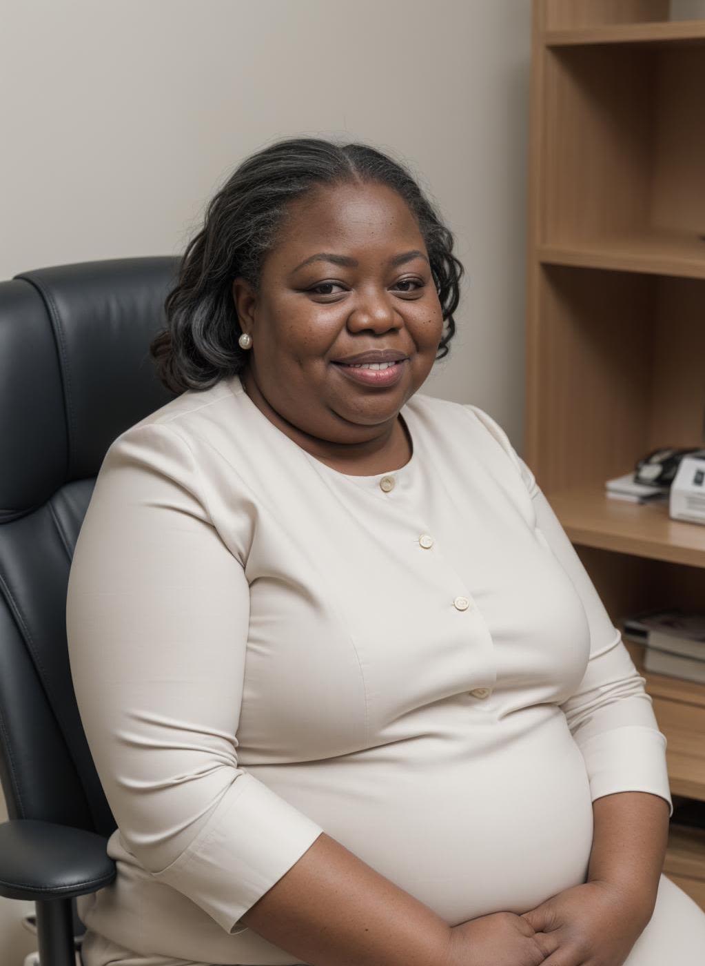 A middle-aged woman sitting on a desk chair