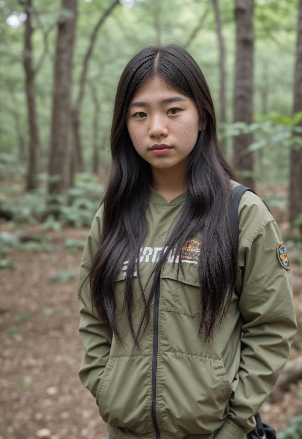 A teenage girl posing in a forest